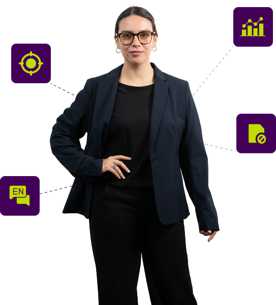 Confident business professional standing in modern attire with strategic and analytics icons.