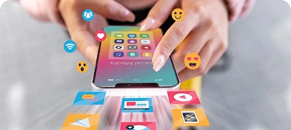 Hands holding a colorful smartphone with various social media app icons (camera, Wi-Fi, heart, video, photo) floating outward from the screen.