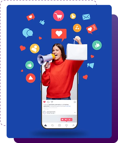 image of a woman in a phone screen with social icons for an ad campaign