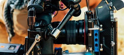 closeup of a professional video camera while filming