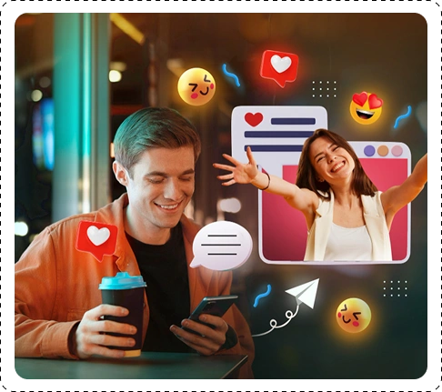 A smiling young man in an orange shirt holding a coffee cup and smartphone at a neon-lit table, with a digital overlay of a joyful woman waving on a pink social media screen, surrounded by floating emojis (hearts, laughing faces, winking, paper plane) and chat bubbles.