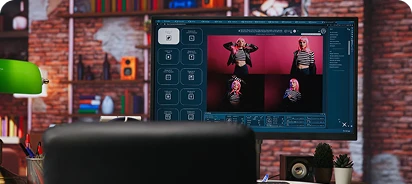 closeup to a display with several images of a video editing