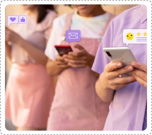 Three diverse young people in colorful pastel outfits standing together, each holding a smartphone, with floating social media icons (purple heart, blue like, purple envelope, yellow smiling emoji, blue stars, purple chat bubble) above their devices.