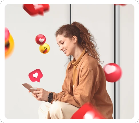 woman checking her phone and social icons floating around her